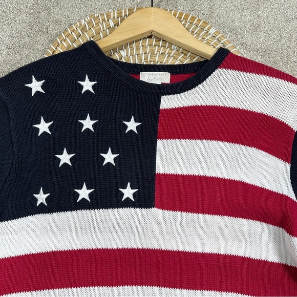 Christopher & Banks Vintage American Flag Knit Sweater Shortsleeve Patriotic L - Picture 2 of 13